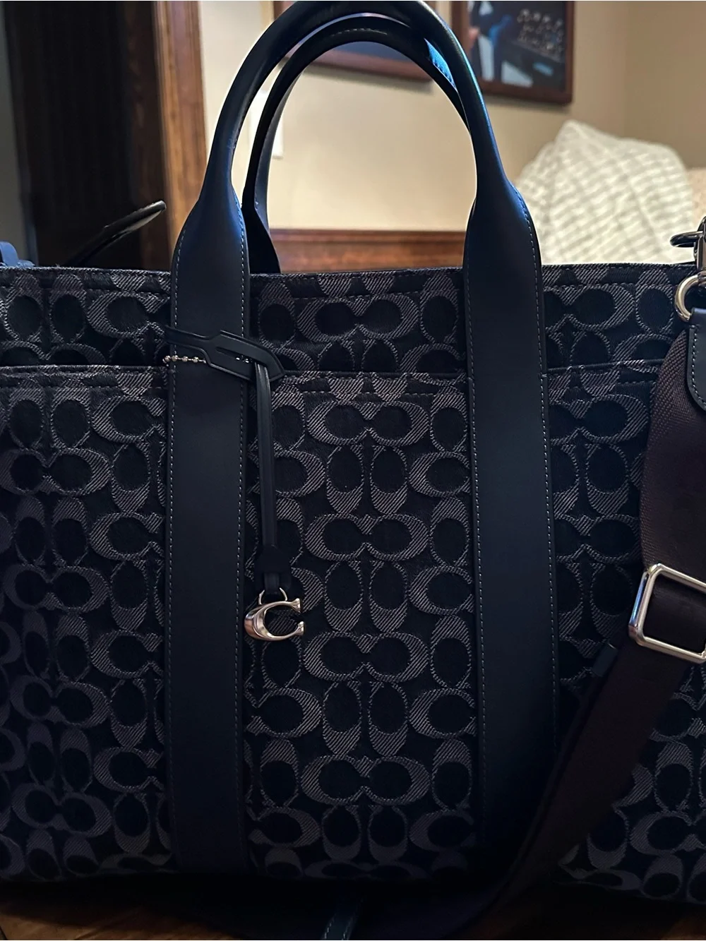 Coach Black Logo Jacquard Tote with Silver Charm